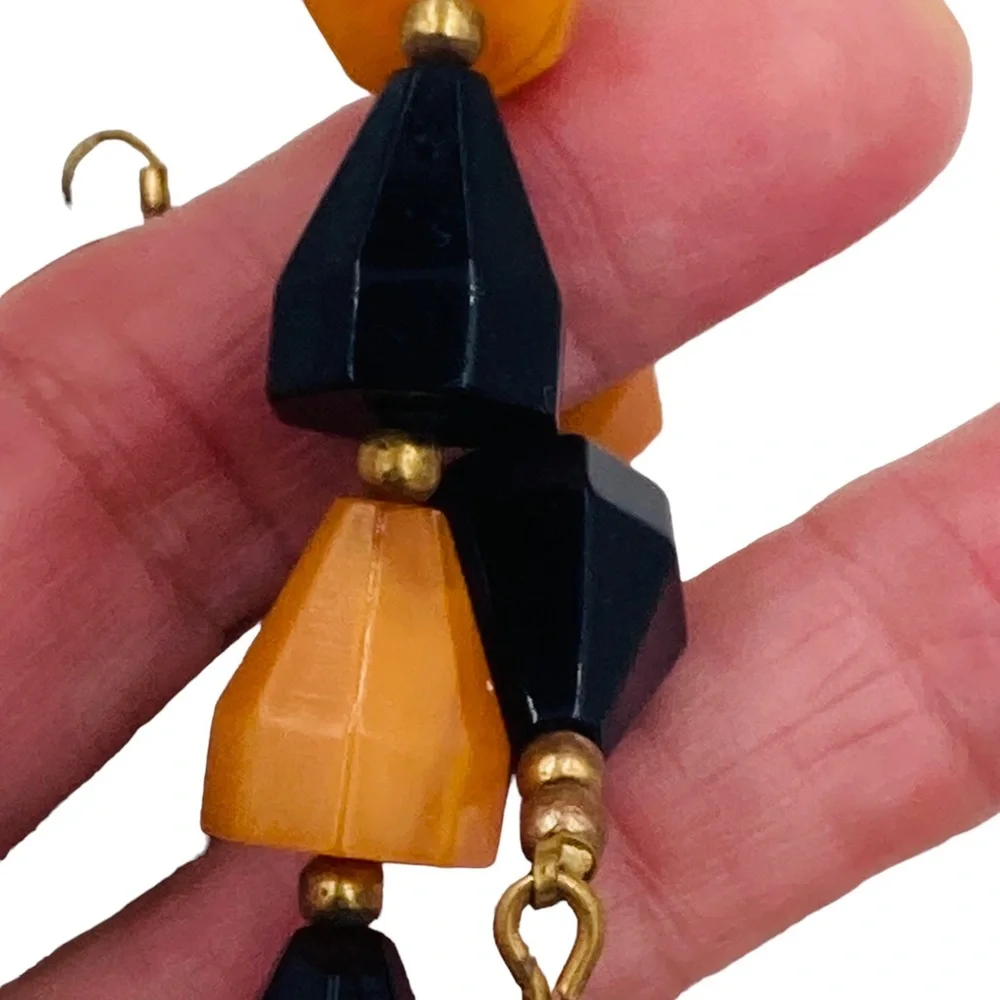 Vintage Bakelite Black Orange Pyramid Bead Necklace Earring Set